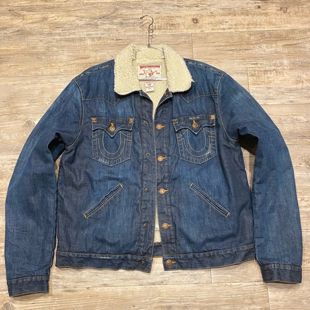 True Religion Blue Denim Jacket with Sherpa Collar and Lining Men’s